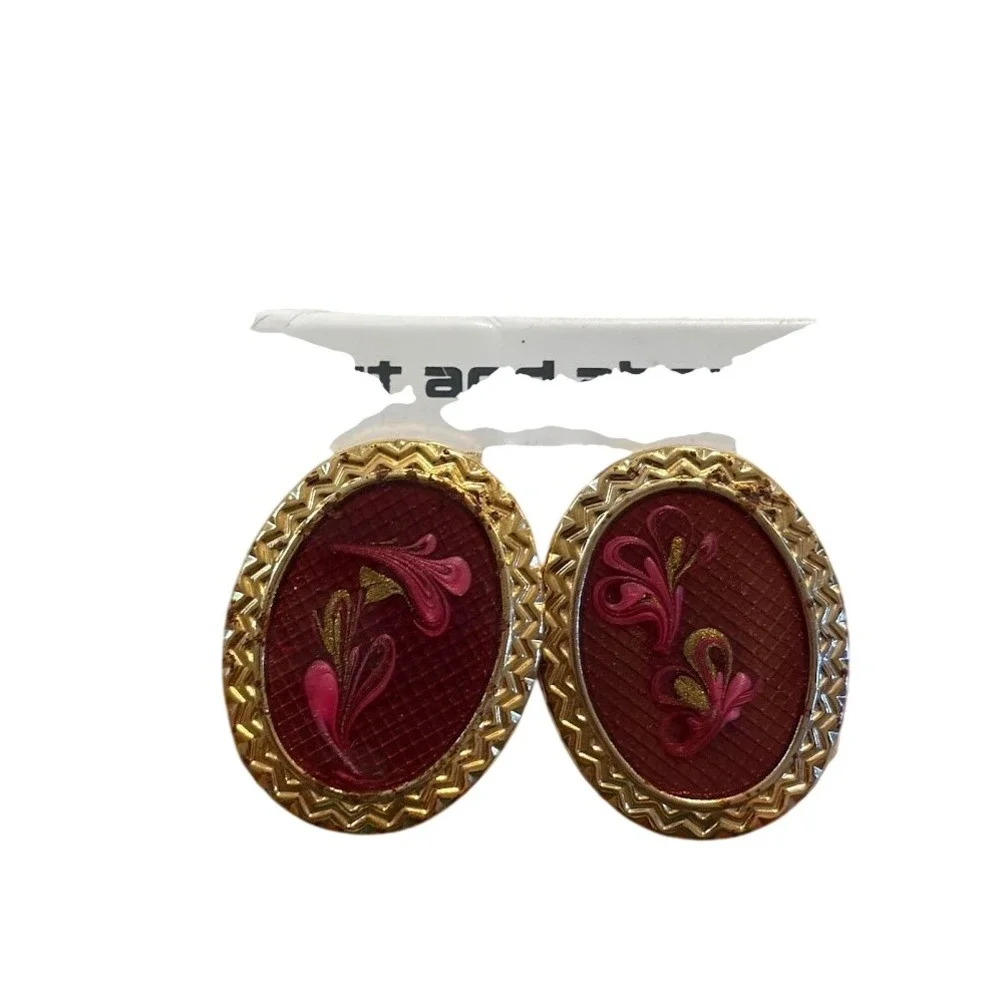 Vintage Oval Clip On Earrings Burgundy Red Gold Tone Floral Enamel Statement